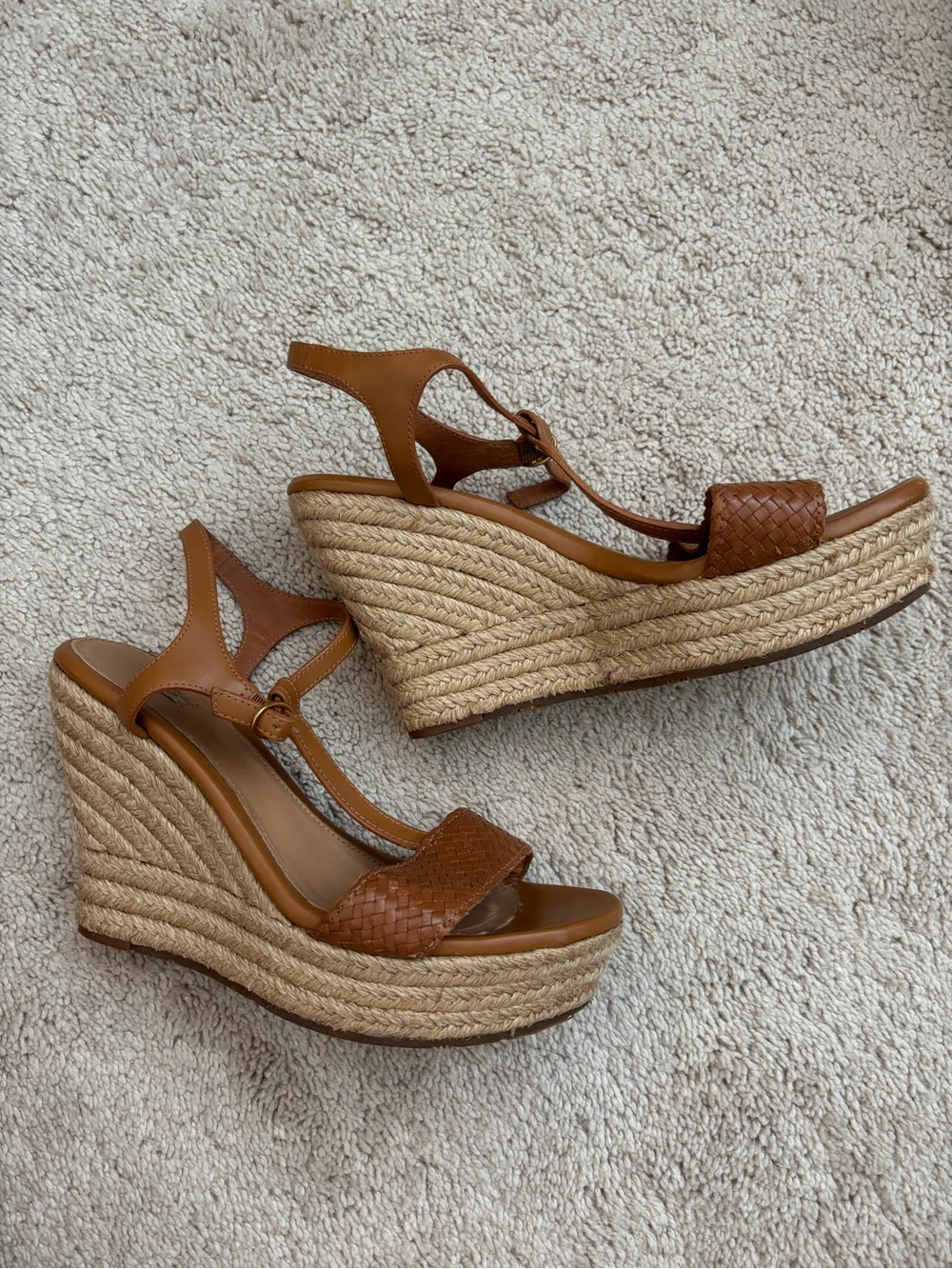 Ugg Woven Leather Espadrille Wedge Sandals - Chestnut Brown